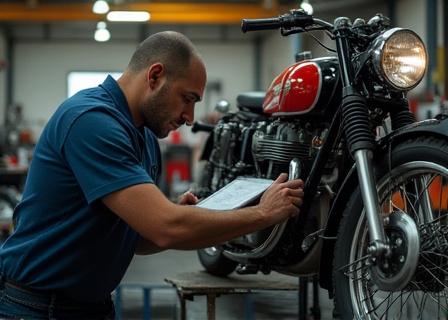 Tecnico che esamina una moto d'epoca per la valutazione